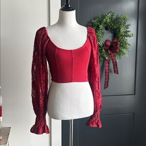 Urban Outfitters M Red Lace long Sleeve scoop neck night out crop top